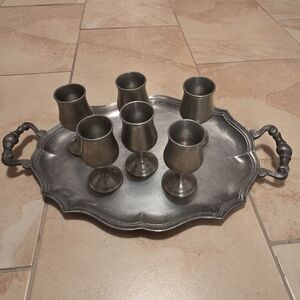 Set of 6 Vtg Pewter Liqueur Goblets W/Serving Platter